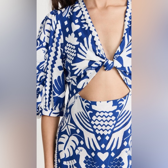 Rare NWT Farm Rio Jungle Scarf Midi Dress Cutout Birds Blue White Navy - Picture 8 of 14
